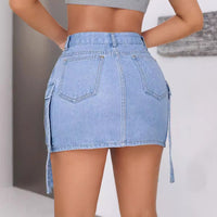 Womens Denim Overalls Casual Skirt With Ribbon Ties