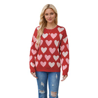 Valentine's Day Round Neck Handmade Beaded Heart Peach Sweater