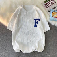 Ice Silk Short Sleeve Men's Towel Embroidery Couple Pleated Striped T-shirt