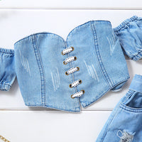 Girls' Off-shoulder Short Sleeve Lace-up Tube Top Denim Ripped Trousers Belt Suit