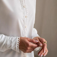 Womens Designer White Lace Long-Sleeve Blouse With Embellished Edges