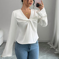 Women's Elegant Solid Color V-neck Ruffled Front Flared Sleeve Shirt