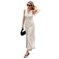 Fashionable Womens Cinched Waist French-Style Striped Button-Front Split Dress