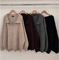 Womens Polo-Neck Sweater Loose-Fit Warm Mid-Length Knitted Top