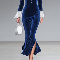V-neck Long-sleeve Womens Elegant Slim-fit Dress With A Mermaid Skirt