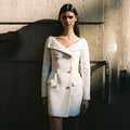 Off-shoulder Long Sleeve Waist-tight Design Pocket Stitching High-grade Sense Dress