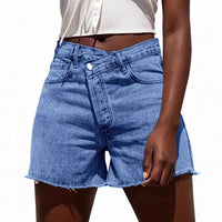 Irregular Slant-waist Raw-edge Denim Shorts
