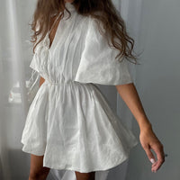Stand-collar Sweet Lace-up Pleated Waist-cinched A-line Dress