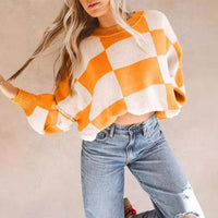 Contrast Color Checkerboard Loose And Lazy Style Stitching Sweater