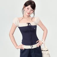 Women's Off-neck Short-sleeved T-shirt Summer Patchwork Top