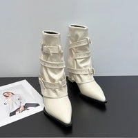 High-heeled Elegant Shaft-style Studded Belt-buckle Fashion Ankle Boots