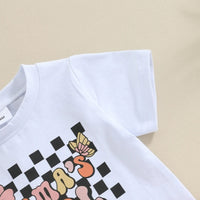 English Letter Short Sleeve Tie-neck Plaid Shorts Children Suit