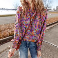 Floral Print Chiffon Blouse Womens Ruffle Hem Pullover Top