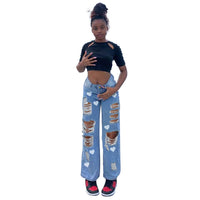 Fashion Trend Ripped Denim Straight-leg Pants