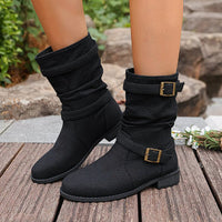 Square Heel Round Toe Women's Denim Leather Boots