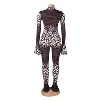Sexy Leopard Print Long Sleeve Hollow Jumpsuit