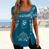 Printed Button-Front Slit Short-Sleeve Top T-Shirt Womens