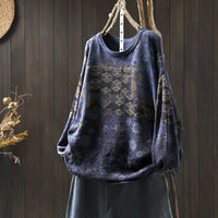 Women's Vintage Printed Cotton Knitted Sweater Round Neck