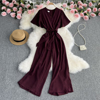 Retro Fashionable Temperament V-neck Short-sleeved Waist Jumpsuit
