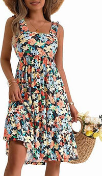 Womens Elegant Square-Neck Floral A-Line Sleeveless Dress