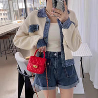 Niche Retro Lapels Double Pocket Color Contrast Patchwork Versatile Long Sleeve Knitted