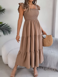 Women's Solid Color Square Neck Ruffle Trim Tie Waist A-Line Maxi Dress