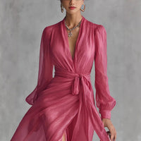 Casual Court-Style V-Neck Lace-Up Puff-Sleeve Dress