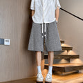 Hong Kong-style Color-Block Wheat-Stripe Textured Plus-Size Cropped Shorts