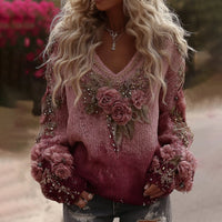 Women's Crew-Neck Sweater Vintage Printed Knit Top