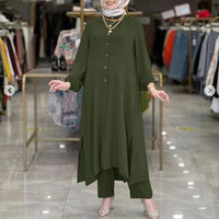 Womens Ice Silk Wrinkle-Effect Loose Solid-Colored Split Collar Shirt And Pants Set
