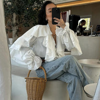 Fashionable Loose V-Neck Ruffle Long-Sleeve Shirt For Women