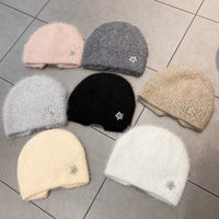 Women's Rabbit Hair Knitted Hat Thickened Warm Rhinestone Flowers