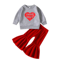 Letter Love Sweater Velvet Flared Pants Girls Two-piece Set