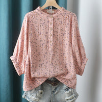 Double-layer Cotton Yarn Shirt Floral Stand Collar Loose