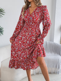 Women's Elegant Floral Print Cross V Neck Tie Waist Ruffle Maxi Dress
