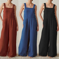 Wide Leg Jumpsuit Women Cotton And Linen Pocket Overalls