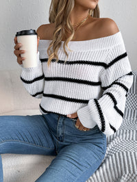 Casual Striped Off-Shoulder Lantern Sleeve Pullover Sweater