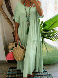 Casual Slash Neck Short Sleeve Cotton Linen Solid Color Womens Dress