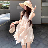 French-style Satin Slip Dress With An Asymmetrical Sweet Ruffled Hem