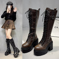 Womens Versatile High-heeled Round-toe Lace-up Over-the-knee Boots
