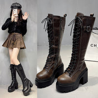 Womens Versatile High-heeled Round-toe Lace-up Over-the-knee Boots