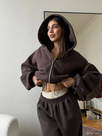 Womens Casual Set Long-sleeve Zip-up Cardigan Hoodie