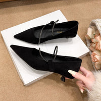 French Gentle Style Pointed Toe Kitten Heel Pumps With Rhinestone Strap
