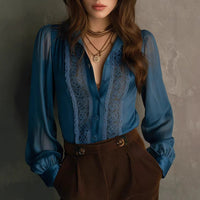 Womens Lace-Patched Ruffle-Neck Puff-Sleeve Shirt