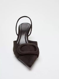 2026 Spring New Arrival Women's Square Buckle Pointed Toe High Heels, Closed Toe Backless Mules Sandals In Brown