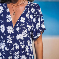 Resort-style Floral-print V-neck Short Sleeve Dress