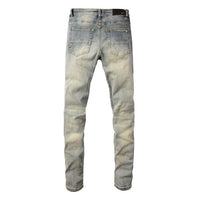 Meigao Street Vintage Crumpled Ripped Cat Beard Patch Printed Jeans Men