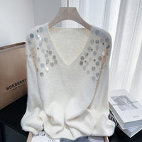 Heavy Embroidery Sequins Diamond V Neck Pullover Lazy Sweater