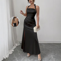 Neck-hanging Backless High-waisted Silk Slip Dress With A Slit And No Sleeves