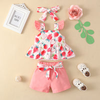 Girls' Fashion Flounced Sleeve Top And Shorts Three-piece Suit